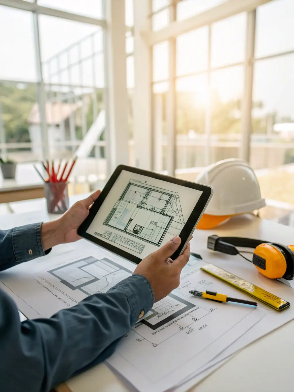 A project manager overseeing a home renovation, using a tablet to review plans, indicating efficient project management.