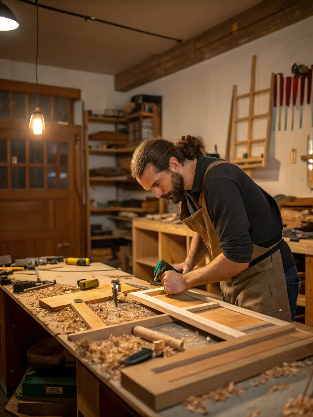 A skilled carpenter crafting custom wooden cabinets in a modern kitchen, showcasing attention to detail and craftsmanship.
