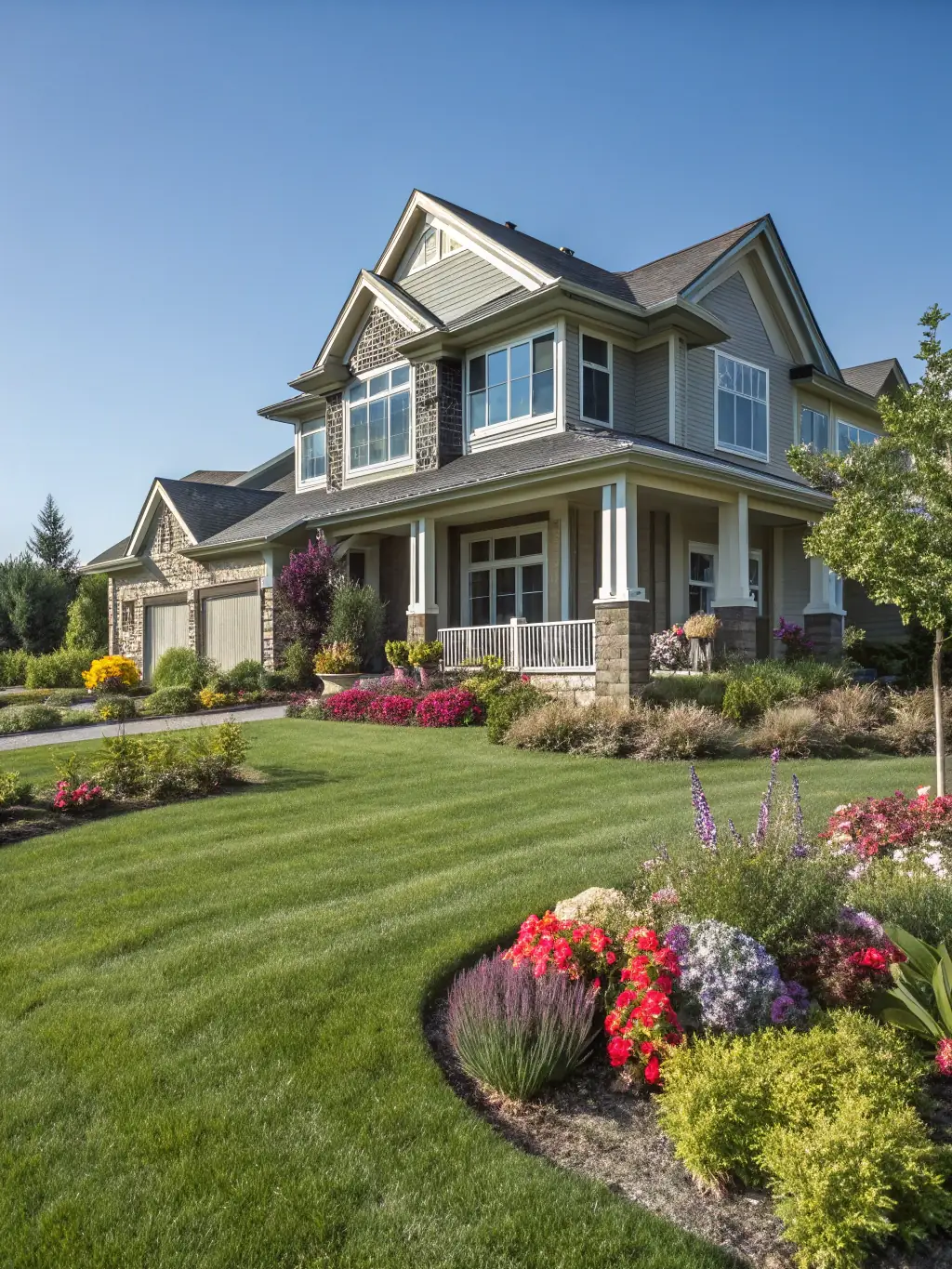 A high-quality photograph showcasing the exterior of a newly constructed modern home with a well-manicured lawn and landscaping, representing residential construction services offered by Lucy-Jane Flowers.
