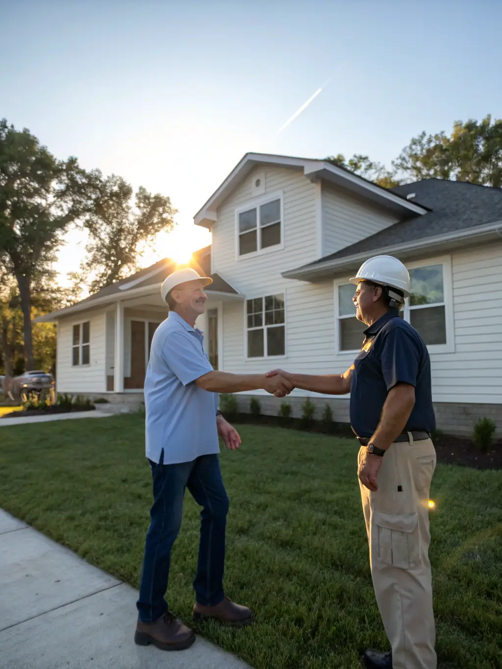A professional contractor shaking hands with a satisfied homeowner in front of a newly constructed home, symbolizing trust and partnership.