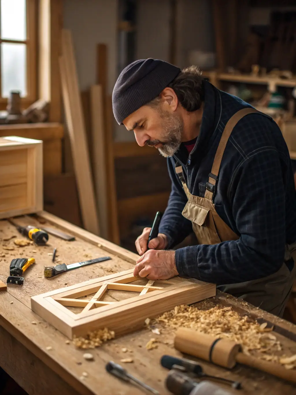 A craftsman carefully installing custom trim work in a home, highlighting the attention to detail and quality craftsmanship that Lucy-Jane Flowers emphasizes in its partner network.