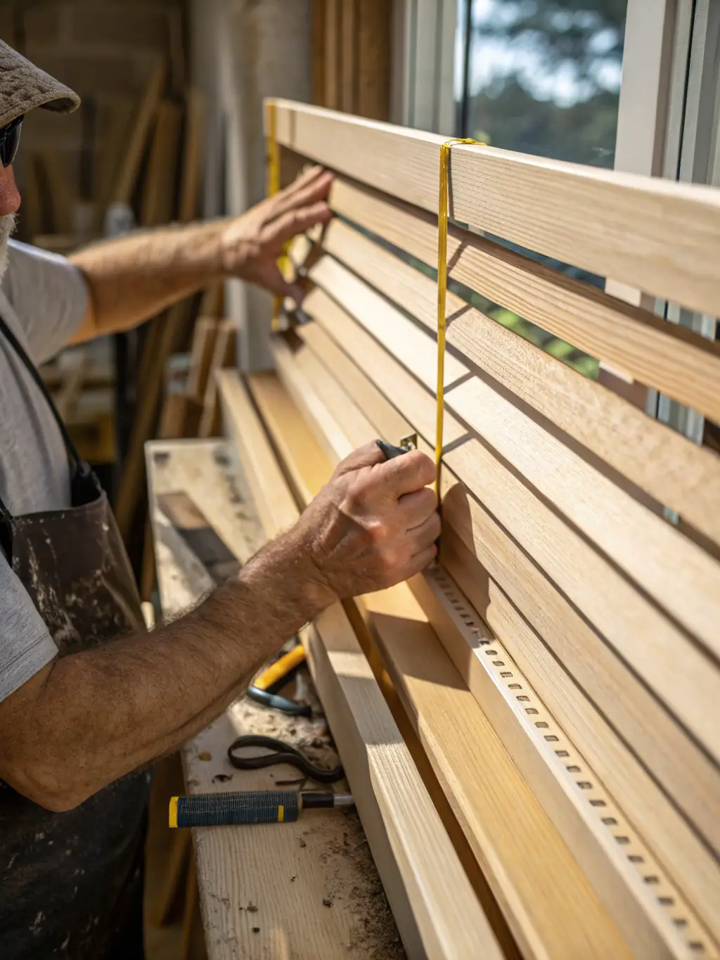 A close-up shot of a craftsman meticulously installing custom cabinetry, showcasing attention to detail and quality craftsmanship.