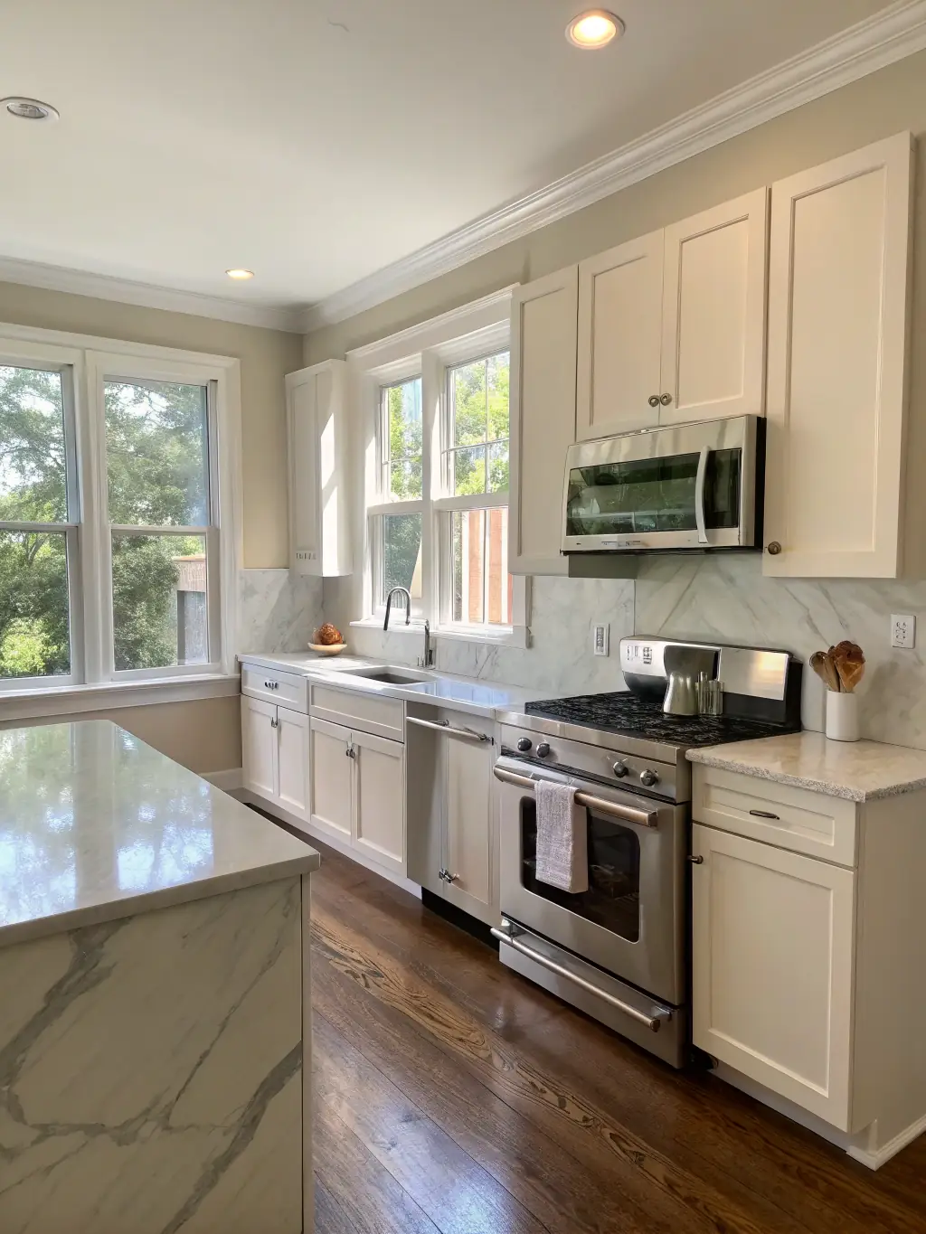 A bright and airy kitchen renovation project, featuring updated appliances, countertops, and cabinetry, illustrating the renovation services provided by Lucy-Jane Flowers.